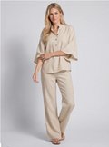 Conjunto efecto algodón y lino con mangas murciélago y pantalones anchos